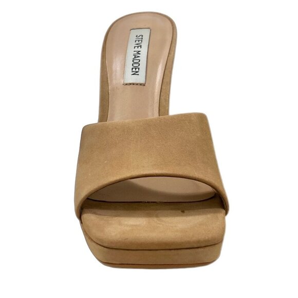 STEVE MADDEN LIPA Sculpted Heel Slip On Dress Sandals Camel Nubuck - Picture 4 of 7